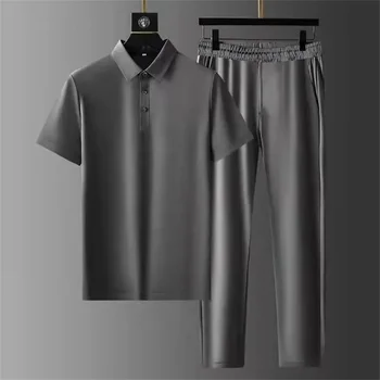 Летний Мужской комплект в японском корейском стиле, деловая повседневная модная удобная тонкая рубашка поло и длинные брюки, комплект из 2 предметов, трендовый костюм