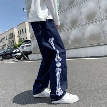Джинсы Мужские Skeleton, Мешковатые Повседневные Джинсовые брюки, Мужская Уличная одежда в Японском стиле, Широкие Джинсовые брюки, Мужские Винтажные Синие Джинсовые брюки