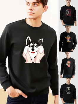 Уличный мужской пуловер с рисунком мультяшной собаки, теплая толстовка с длинными рукавами и круглым вырезом, повседневная осенне-зимняя черная одежда из полиэстера, топ
