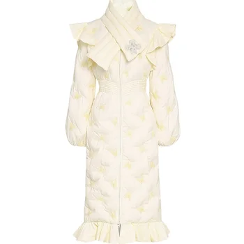 Женская новая модная куртка с рукавом-фонариком на белом утином пуху в стиле Ретро с простой вышивкой, тонкая талия, Толстый шарф