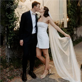Элегантное Короткое Свадебное платье для женщин 2023, Белое Атласное Простое Свадебное платье без бретелек с открытой спиной, Торжественное Платье выше колена, Vestido De Novia