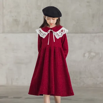 Детское зимнее плотное красное платье принцессы с длинными рукавами, теплые платья для Рождественской вечеринки, детская одежда 10 12 лет
