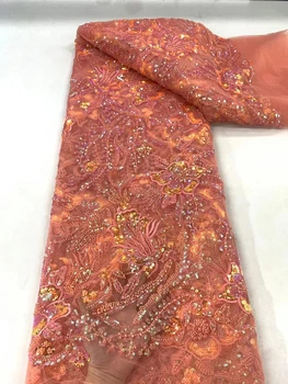 XML новейшая кружевная ткань с бисером 2023, Высококачественные красочные кружевные ткани с африканскими блестками, Роскошная швейная ткань для женского платья