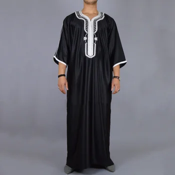 Абая Мужская Длинная Рубашка Саудовская Аравия Дубай Повседневный Муслиновый Халат Молодежный Обычный Черный Мусульманский Халат С Вышивкой Мужской Кафтан Одежда