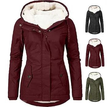 Женское зимнее пальто, Теплая однотонная плюшевая Утолщенная Длинная куртка, Уличная Походная куртка с капюшоном, Повседневная Ветрозащитная парка, пальто