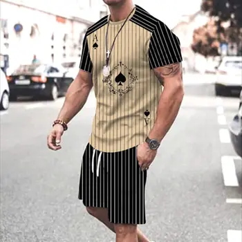 2023, мужской летний костюм с футболкой, 3D модный покерный туз в полоску, круглый вырез, пляжные шорты с коротким рукавом, дышащая спортивная одежда из двух частей