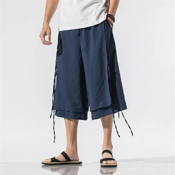 Летние льняные брюки длиной до икр, мужские Модные Повседневные Свободные шаровары, Мужские брюки Harajuku, Дизайн ленты, эластичный пояс