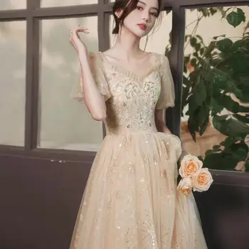 Шампанское Сексуальная Сетка Cheongsam Fairy Плиссированное Свадебное платье с Цветочной Вышивкой Qipao Женское Макси Кружевное Платье С рукавом Robe De Soiree