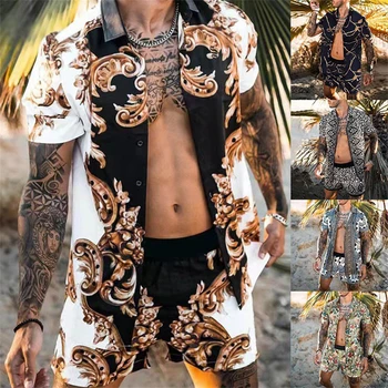 Новый модный Гавайский комплект рубашек, Мужской комплект с принтом, Летняя повседневная рубашка с цветочным рисунком, Пляжные Мужские комплекты из двух частей, S-3XL