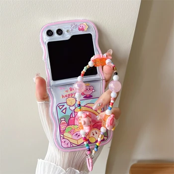 Kirbys розовый каваи с браслетом Мультяшный Чехол для телефона Samsung Galaxy Z Flip 4 Жесткий ПК Задняя крышка для Z Flip 5 Чехол Чехол