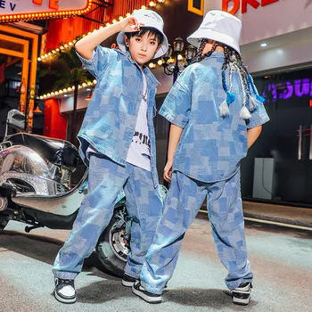 Детская одежда в стиле хип-хоп, Клетчатая джинсовая рубашка, топ с коротким рукавом, Уличная одежда, Джинсы, Мешковатые брюки для девочек, одежда для джазовых танцев для мальчиков