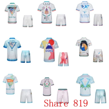 Тонкая Шелковая ткань, Сетчатые рубашки с короткими штанами для теннисного клуба CASABLANCA, Летний Мужской Женский Повседневный Гавайский пляжный костюм, Размер M-3XL
