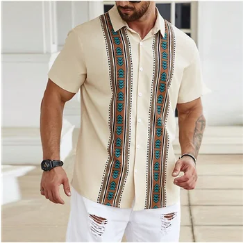 Мужская рубашка с геометрическим рисунком Рубашка с лацканами Коричневая Уличная Одежда с коротким рукавом Модная Уличная одежда Дизайнерская Повседневная