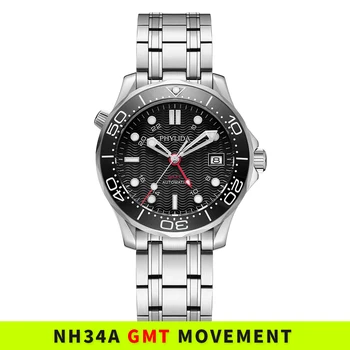 Мужские часы PHYLIDA NH34A GMT Dual Time с черным волновым циферблатом, автоматические часы с сапфировым стеклом 20ATM WR SE-BK34