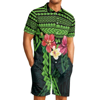 Татуировка с Полинезийским племенным Гавайским тотемом, Гавайские принты, Новые мужские Повседневные удобные пляжные брюки на пуговицах с гибискусом и коротким рукавом