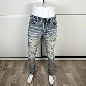 Уличные модные Мужские джинсы Ретро синего цвета, эластичные, приталенные, окрашенные, Рваные Джинсы, Мужские залатанные дизайнерские джинсовые брюки в стиле хип-хоп, Бренд Hombre