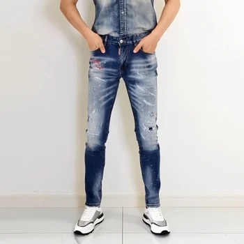 Модная Уличная одежда Мужские джинсы Ретро Светло-Голубые Эластичные облегающие Рваные джинсы Мужские Брендовые Дизайнерские Джинсовые брюки с вышивкой в стиле хип-хоп