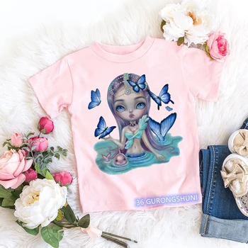 Футболка Kawaii для девочек, забавная бабочка, танцующая девушка, одежда для девочек с графическим принтом, летние футболки, эстетичная футболка для девочек, бело-розовые топы