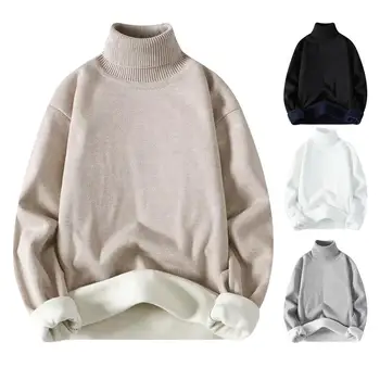 Мужской зимний свитер утолщенной вязки, однотонный, с высоким воротником, защищающий шею, морозостойкий, эластичный, Мягкий плюшевый пуловер, Осень S