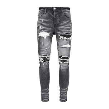 Модные Мужские джинсы в стиле Ретро, Темно-серые Стрейчевые Обтягивающие Рваные джинсы, Мужские Черные Кожаные Дизайнерские брюки в стиле хип-хоп с заплатками