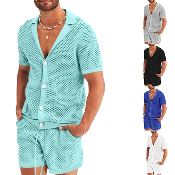 Мужские летние спортивные костюмы из сетчатого трикотажа, повседневная футболка с отворотом, шорты с короткими рукавами, комплекты из двух предметов, мужская одежда, костюм