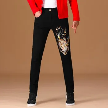 2022 Новые Мужские Обтягивающие джинсы-стрейч, Модные Повседневные Джинсовые брюки Slim Fit, Красные, черные Брюки с вышивкой, Мужские Брендовые джинсы, Размер 28-38