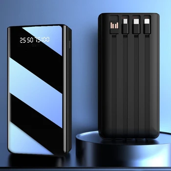 Банк питания 60000mAh с 4 Кабелями Портативного Зарядного устройства Внешний Аккумулятор для iPhone 14 13 Samsung S22 Xiaomi Powerbank с подсветкой