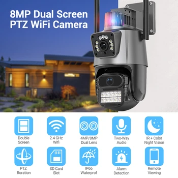 8-Мегапиксельная Двухобъективная WIFI IP-камера с 4-кратным Зумом, Открытый 4K HD Экран, PTZ-Камера, Автоматическое Отслеживание Безопасности, Камера видеонаблюдения, P2P Видеонаблюдение