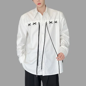 Мужская рубашка с отворотом, Длинный рукав, пуговицы на шнуровке, Лоскутная блузка, Уличная Одежда, Свободные корейские стильные повседневные кофточки