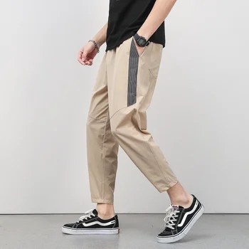 Корейские летние мужские Тонкие 9-точечные брюки Ice Silk, трендовая вентиляция, Прямая трубка, Свободные эластичные повседневные брюки