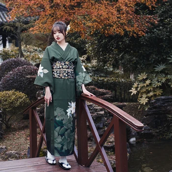 Женское традиционное Кимоно в Японском стиле Зеленого Цвета, Классический Винтажный халат Юката, платье для фотосъемки, одежда для косплея, Одежда для выступлений