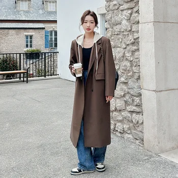 SuperAen Корейский дизайн, Искусственный костюм из двух предметов с капюшоном Кофейного цвета, пальто для женщин, Весна и осень, Новое повседневное пальто
