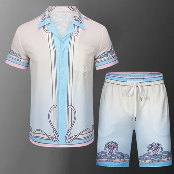 Рубашки + Шорты, Мужская одежда, Винтажная рубашка с цветным принтом, костюм, Повседневный Свободный Пляжный комплект с рукавами, спортивные костюмы