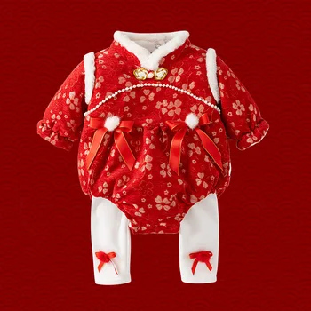 2022 Новое китайское традиционное пальто для девочек, новорожденный, цветочный костюм Hanfu Red Tang, ползунки, китайские новогодние наряды, подарок на День рождения