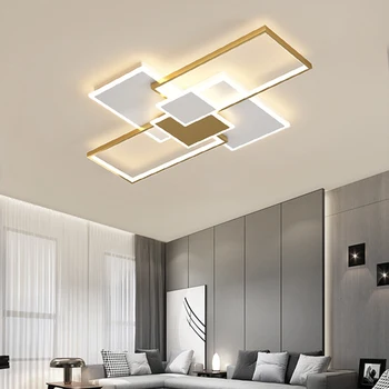 Современная золотая светодиодная люстра для гостиной, столовой, спальни С дистанционным управлением, Прямоугольная потолочная лампа, светильники для помещений