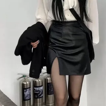 Черная кожаная юбка HOUZHOU, Сексуальные мини-юбки Трапециевидной формы с разрезом, Модная уличная одежда в стиле готик-панк, Женская осенняя корейская мода, Хай-стрит