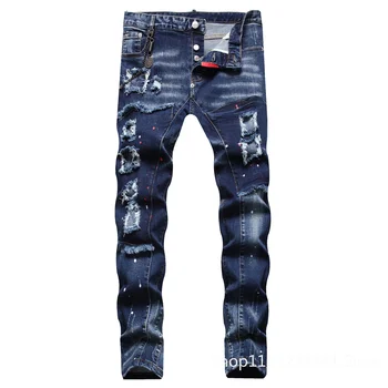Мужские Синие обтягивающие джинсы с дырками, Стрейчевые джинсовые брюки в Итальянском стиле, Высококачественные Мужские джинсовые брюки Slim Fit, Размер 42