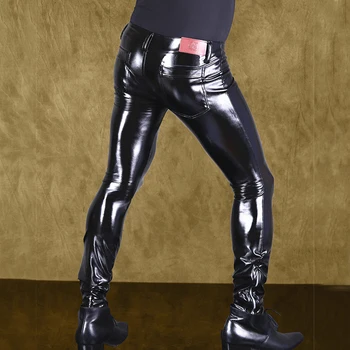 Сексуальные Мужские Брюки-карандаш из ПВХ с высокой Эластичностью, Сценические Крутые яркие Блестящие Модные Леггинсы в стиле панк, Мотоциклетные брюки на молнии спереди, одежда для геев