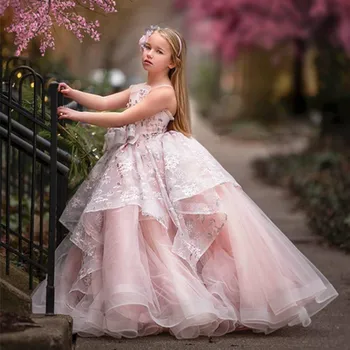 Розовое многослойное платье с рюшами из тюля с открытой спиной для девочек в цветочек, Свадебное платье с милым маленьким цветочком для детей, праздничное платье на день рождения