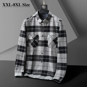 Рубашка оверсайз 6XL 8XL 10XL Осенняя мужская Повседневная клетчатая рубашка с длинным рукавом из окрашенного в пряжу матового хлопка, Свободная модная рубашка для мужчин