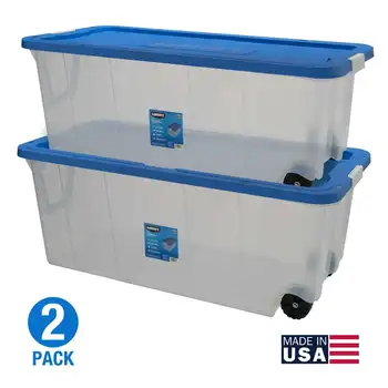 Пластиковый контейнер для хранения на колесиках с защелкой на 200 литров, прозрачный, комплект из 2 штук