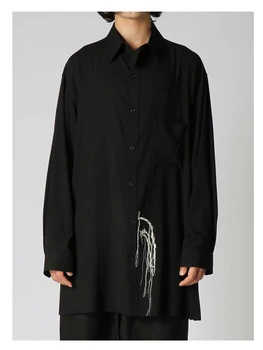 Рубашка унисекс с вышивкой кисточками, негабаритная черная рубашка yohji yamamotos homme, топы Owens для мужчин, черные рубашки и блузки