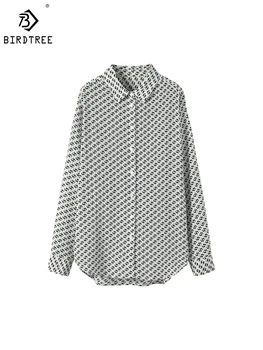 Женская рубашка Birdtree с принтом, 100% Шелковый Крепдешин, Однобортная Шикарная рубашка, Весна-Лето 2023, Топ Черного И белого Цветов T38120QD