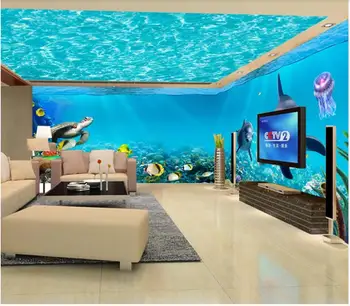 3d обои для комнаты фото на заказ Синий морской мир дельфин рыба Весь дом стены домашний декор гостиная обои для стен 3 d