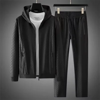 2023 новый высококачественный осенне-зимний темный жаккардовый свитер с капюшоном и длинными рукавами, повседневный костюм, мужские брюки, костюм-двойка