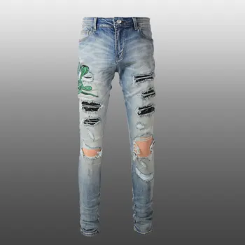 AM, модные брендовые мужские джинсы, джинсовые мотоциклетные брюки в стиле пэчворк с вышивкой Змеи, уличная одежда, рваные джинсы, Джинсы на молнии Для мужчин