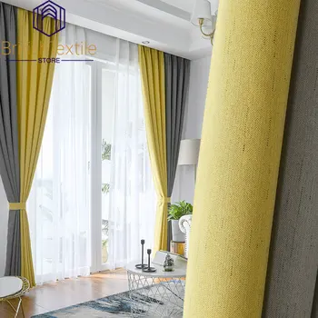 Скандинавские шторы для гостиной, столовой, Спальни, однотонный инженерный дизайн из метеоритной конопли, лоскутное шитье, Желто-серый Тюль для окон
