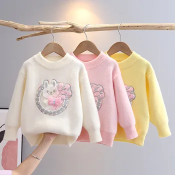 Осенне-зимний свитер с милым кроликом, однотонный пуловер для девочек, Корейский стиль, круглый вырез, Свитера Принцессы с бисером для девочек GY09011