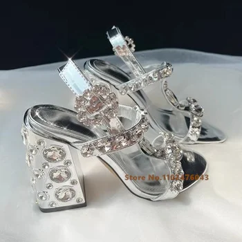 Летние новые Серебристые босоножки на Т-образном каблуке со стразами, 10 см, круглый носок, толстый каблук, Модные универсальные женские сандалии