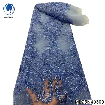 Новейшие синие бусины, тюлевая кружевная ткань ручной работы, нигерийская кружевная ткань 2022, французская кружевная ткань с вышивкой для вечернего платья ML75N493